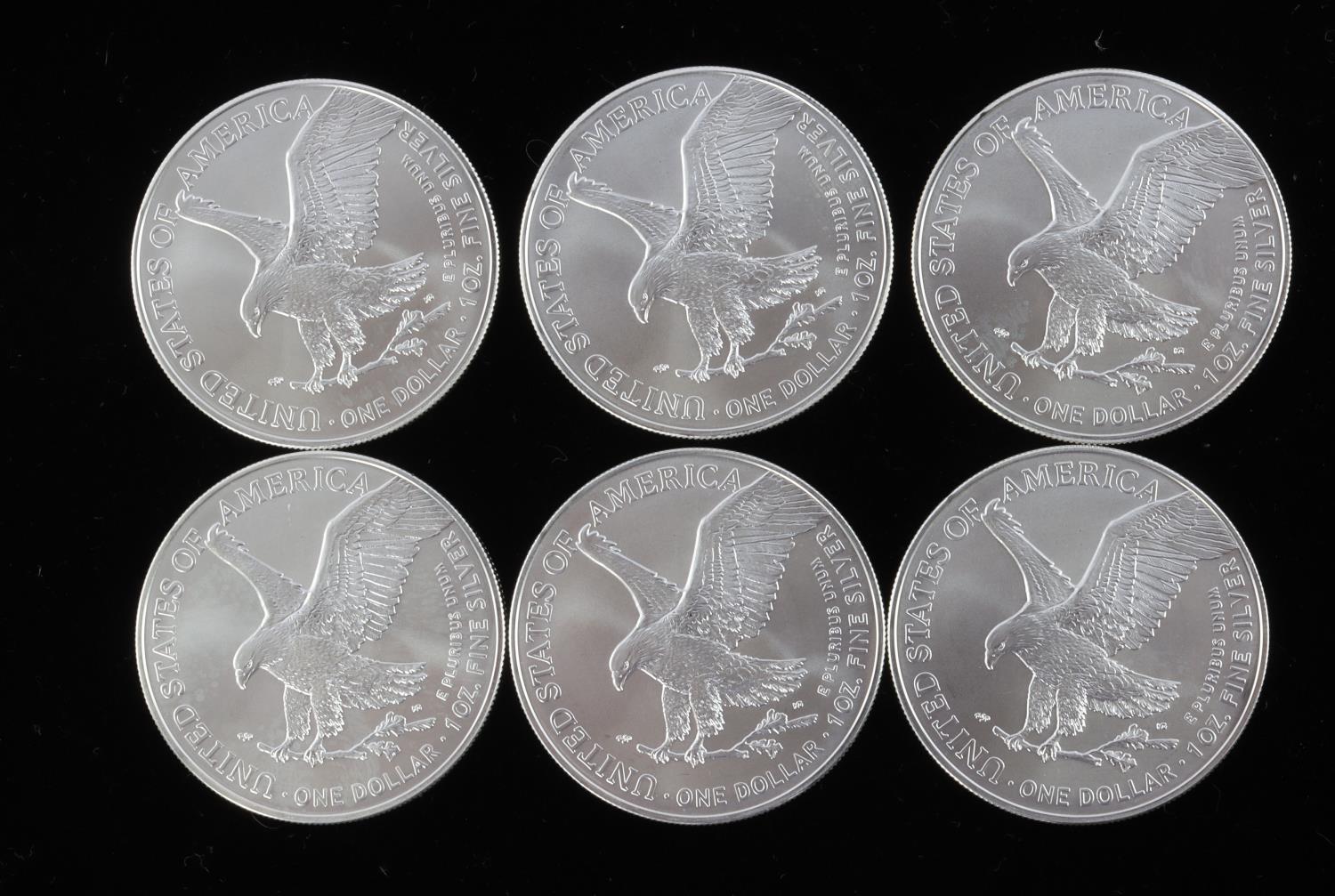 SIX 1 OZ AMERICAN EAGLE SILVER COINS BU 2022