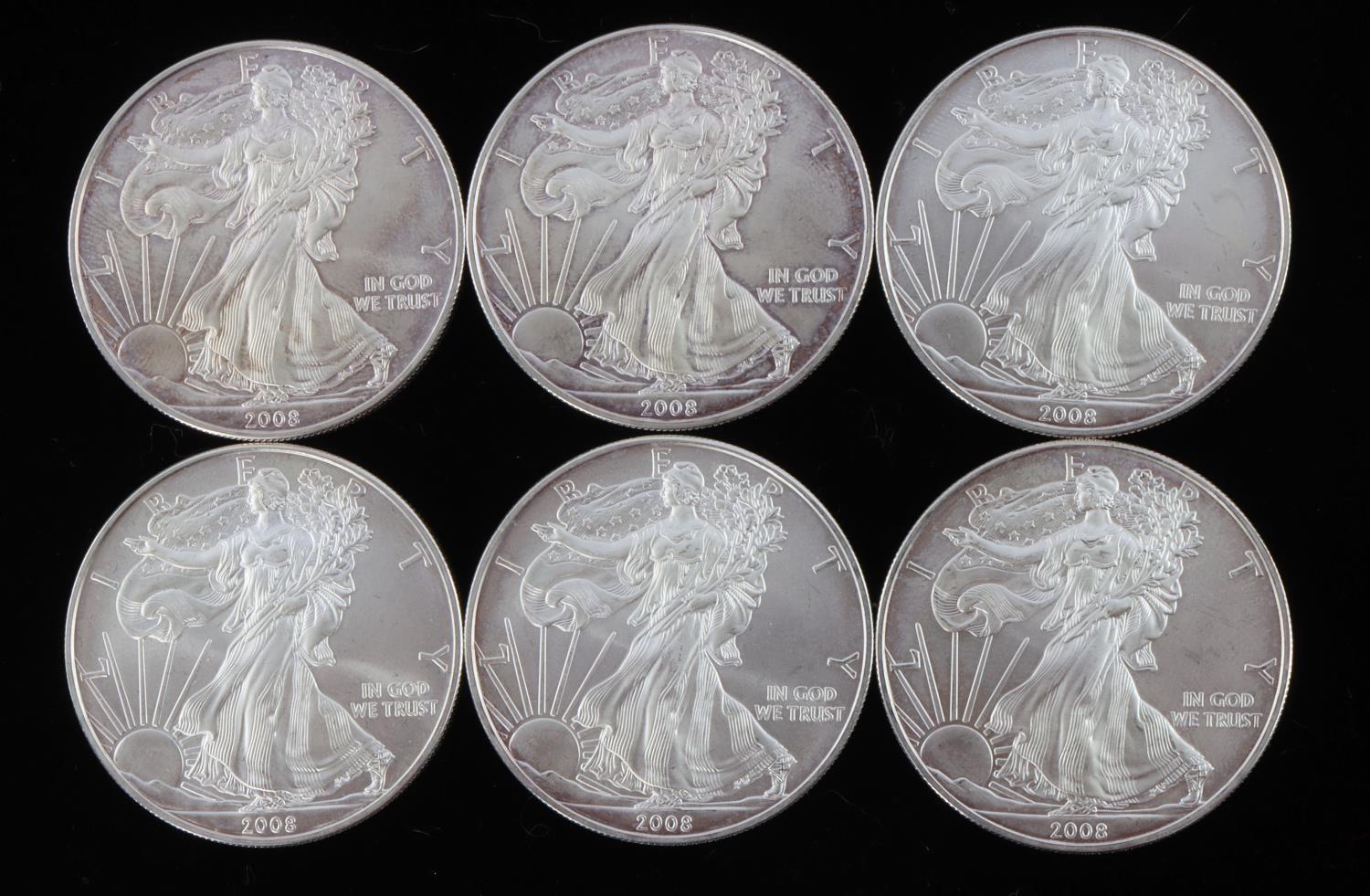 SIX 1 OZ AMERICAN EAGLE SILVER COINS BU