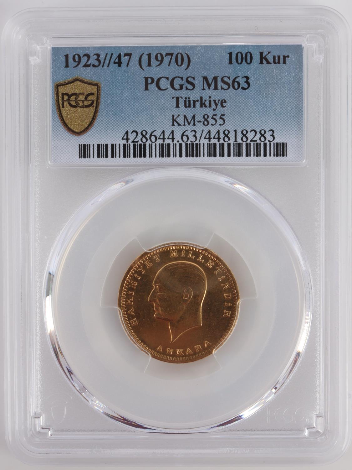 1970 TURKIYE 1923/47 100 KURUSH GOLD PCGS MS63