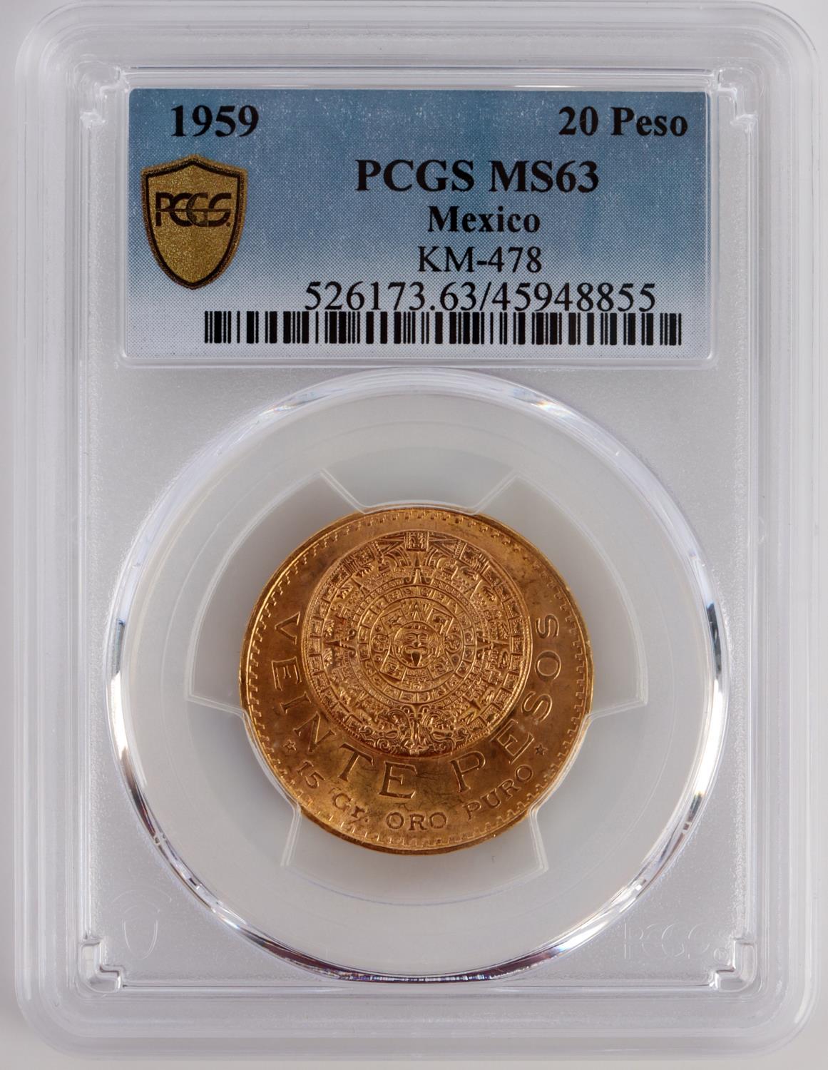 1959 MEXICO 20 PESO GOLD COIN KM-478 PCGS MS63