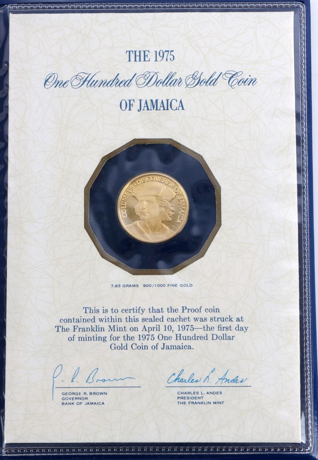 1975 $100 GOLD COIN OF JAMAICA FRANKLIN MINT