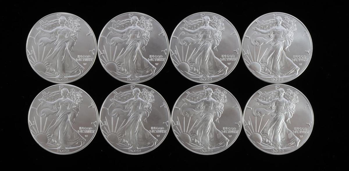 8 AMERICAN EAGLE 1 OZ SILVER COINS 2022