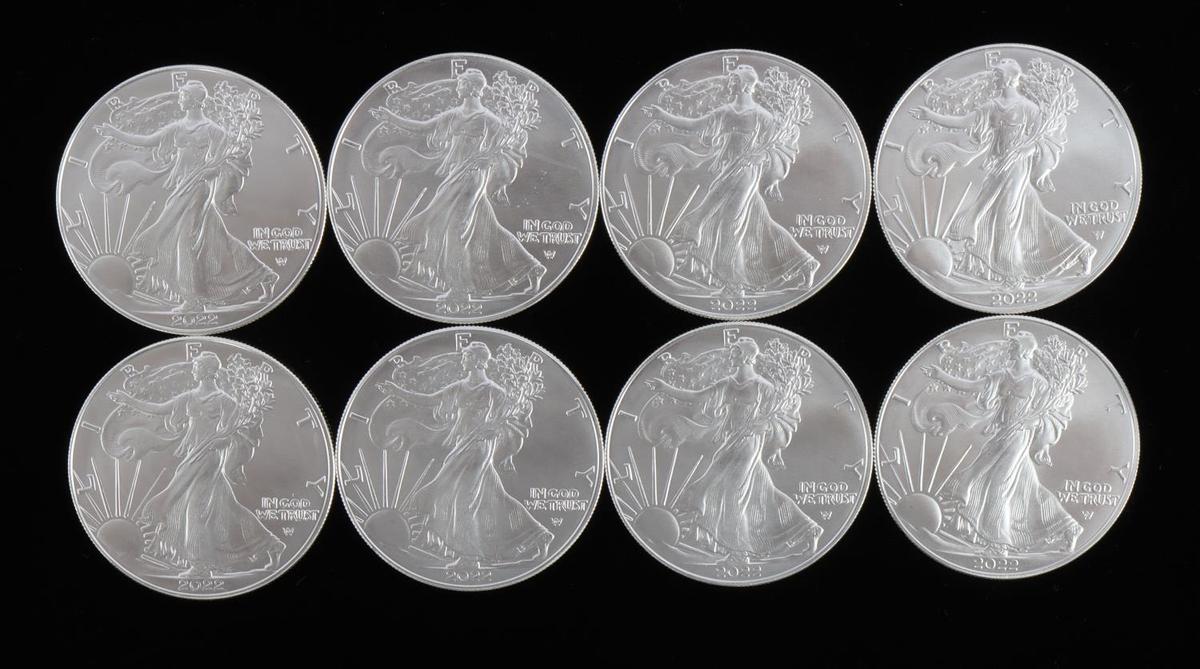 8 AMERICAN EAGLE 1 OZ SILVER COINS 2022