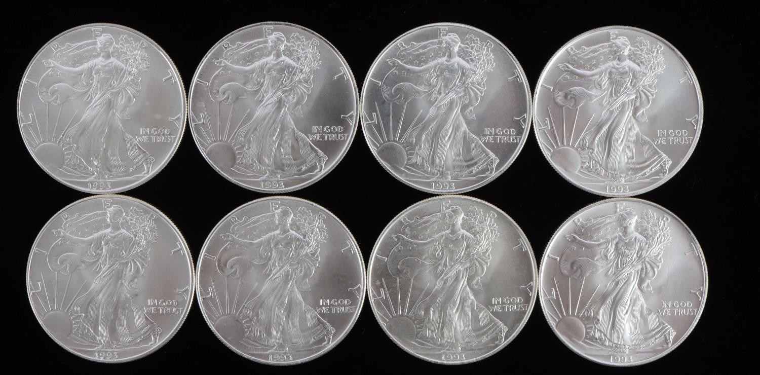 8 AMERICAN EAGLE 1 OZ SILVER COINS 1993