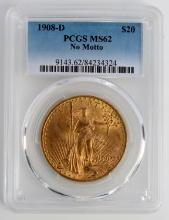 1908 D SAINT GAUDENS 1 OZ GOLD $20 COIN PCGS MS62