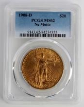1908 D SAINT GAUDENS 1 OZ GOLD $20 COIN PCGS MS62