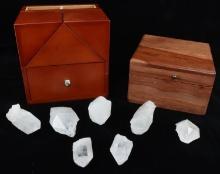 LOT OF 2 WOODEN TRINKET BOXES + 7 HEALING CRYSTALS