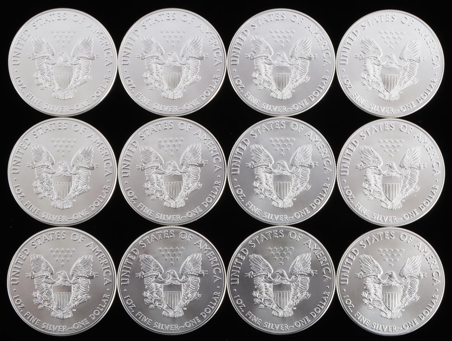 1 OZ AMERICAN SILVER EAGLE $1 COINS LOT OF 12