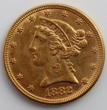 1882 $5 LIBERTY HEAD HALF EAGLE GOLD COIN