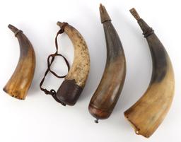 4 19TH CENTURY ANTIQUE BLACK POWDER HORN FLASKS