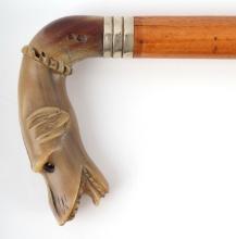 ANTIQUE HORN HOUND DOG HEAD CANE WALKING STICK