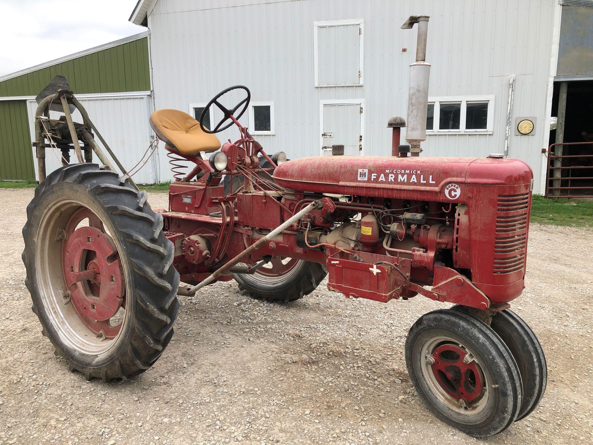 Farmall Super C Narrow Front Tractor with Post Hole Digger Attachment, Gas, SN:132987