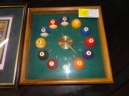 Pool cue ball clock and framed print