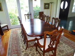 Burl Mahogany Dining Room Table-90" x 45" plus one additional 18" leaf. Includes 10 chairs.