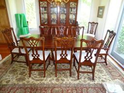 Burl Mahogany Dining Room Table-90" x 45" plus one additional 18" leaf. Includes 10 chairs.