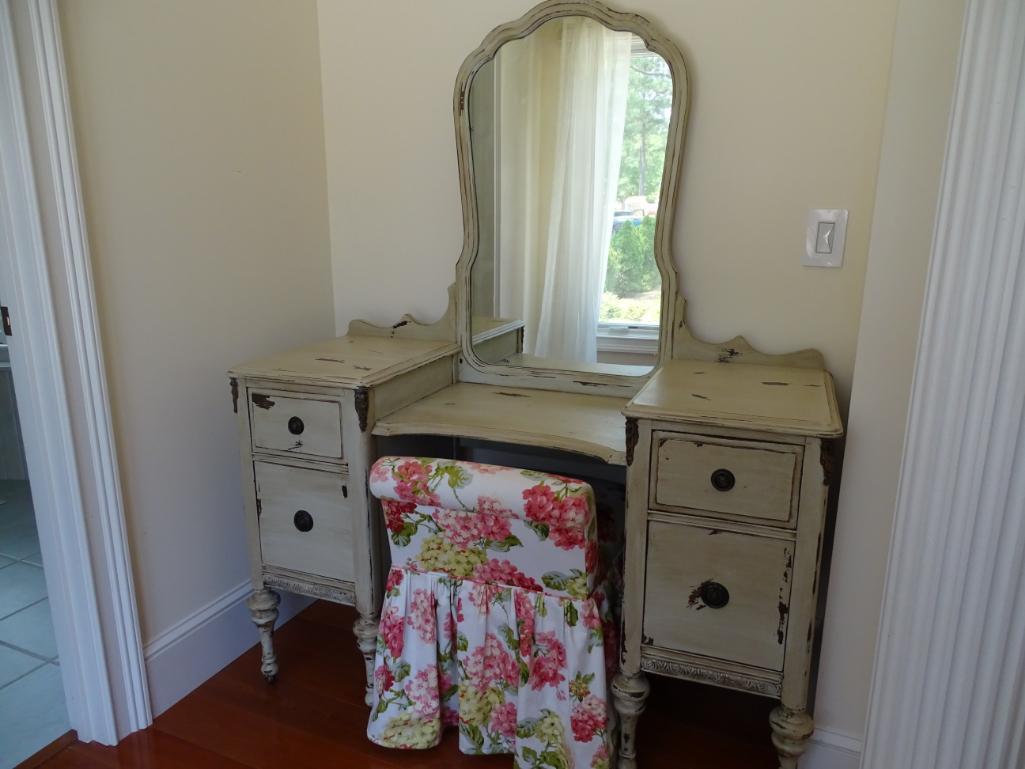 Vintage vanity and mirror with chair. 65" tall, 20" deep, 49" wide..