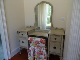 Vintage vanity and mirror with chair. 65" tall, 20" deep, 49" wide..