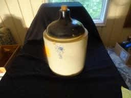 Whiskey Jug-3 Gallon, Albany Slip over Brystol, cobalt blue top. Chip on front.