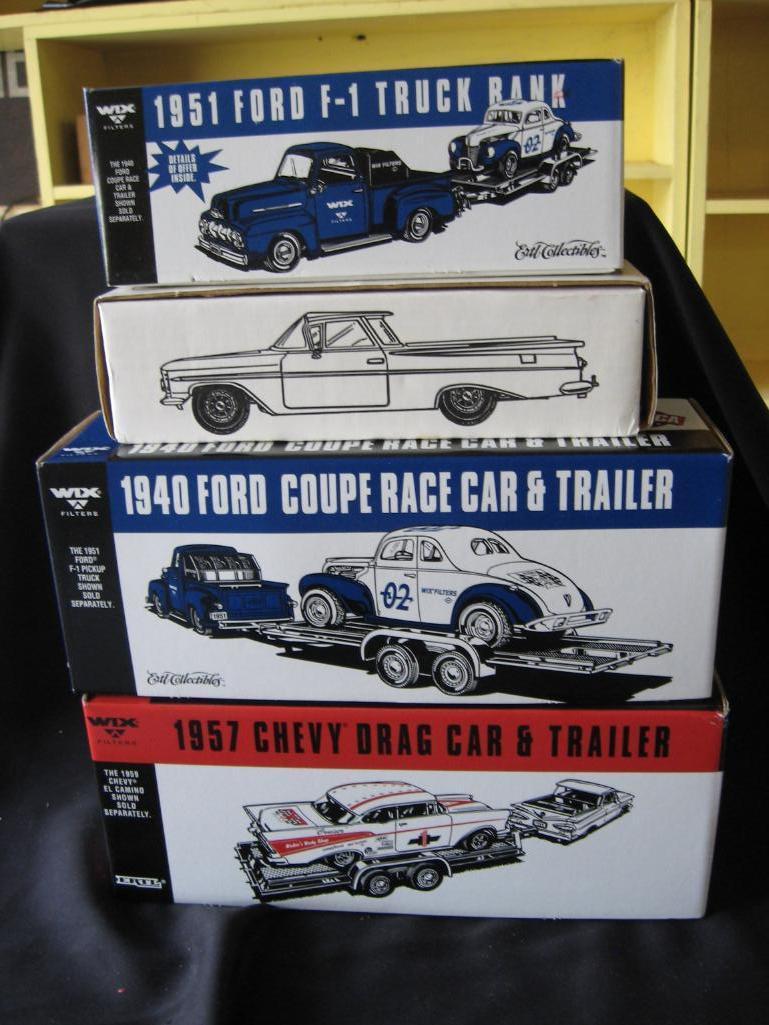 4 Vehicles: '51 Ford F-1 Truck Bank-(locking), '59 El Camino Bank, '40 Ford Coupe Race Car & Trailer