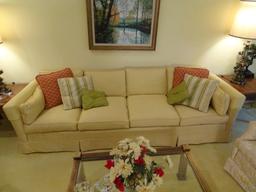 Upholstered sofa w/ pillows-100" L x 33.5" D x 24" H. All cushions are removable.