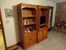 TV Cabinet & Bookcase-all wood. TV cabinet is 36"W x 20" D x 76"H. Bookcase: 30" W x 16" D x 76"H.