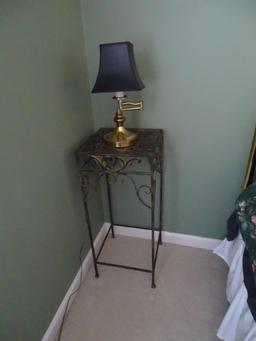 Lamp and wrought iron stand. Stand is 30"T, 13"x13". Lamp is 16" H.