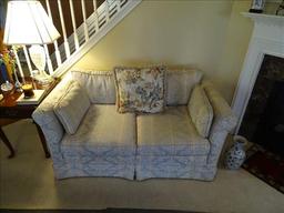 Sofa and Matching Love Seat w/ pillows. Sofa measures 86"L x 34" D x 26" H. Love seat - 6' L x 34"D