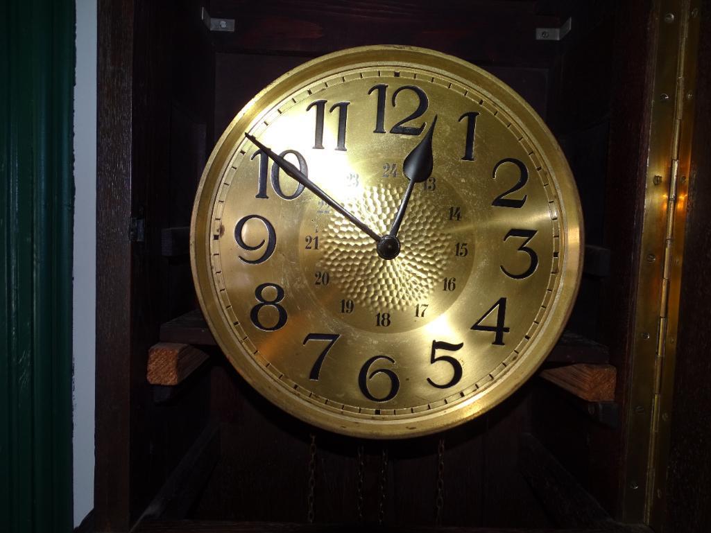 Antique Grandfather Clock-Oak-chain driven, 80"H x 11"D x 20" W.
