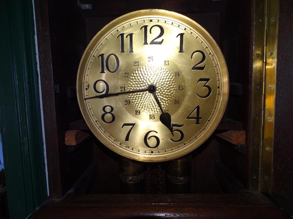 Antique Grandfather Clock-Oak-chain driven, 80"H x 11"D x 20" W.