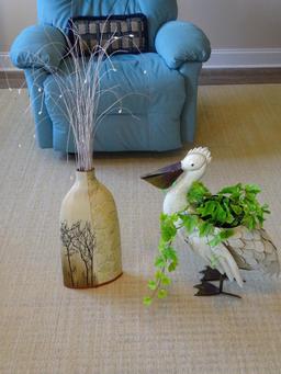 Metal Pelican (plant holder) and glass vase