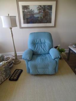 Aqua Rocker/Recliner-Medium Wynette style-5 yr. fabric protection-purchased in 2019-Great condition!