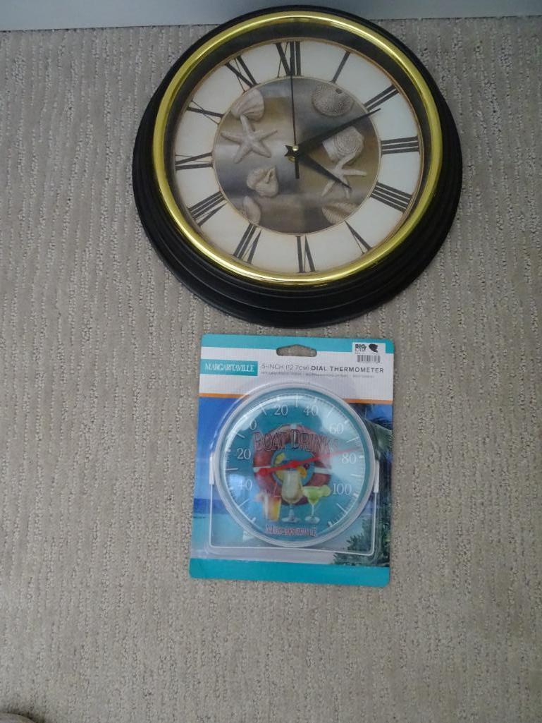 Shell wall clock (plastic) and Margaritaville thermometer