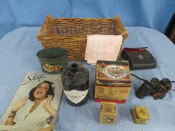 MISC. ITEMS- GIN BOTTLE, MAGZZINES, BINOCULARS IN BASKET