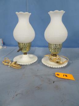 2- WHITE MILK GLASS HOBNAIL GLASS LAMPS