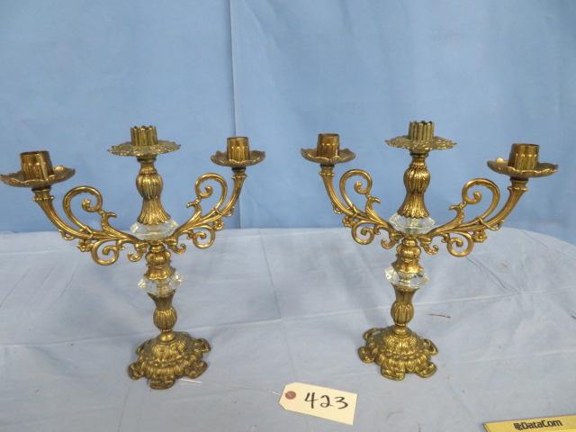 PAIR OF BRASS & GLASS CANDLE STICKS  14" T