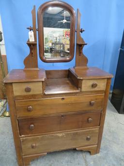 DRESSER HAS MIRROR W/ GLOVE BOXES AND CANDLE STANDS  40 W X 16 D X 65 T