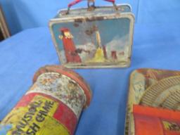 3 PCS. VINTAGE LUNCH BOX W/ NO THERMOS, METAL UNION TRAIN STATION PC, AND MUSICAL PUSH TOY- SEE PIC