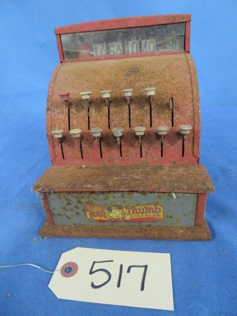 VINTAGE TOM THUMB CASH REGISTER- PLASTIC CRACKED AT TOP- SEE PIC