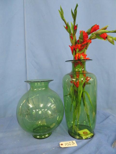 2 PCS. GREEN GLASS VASES  19 & 15"