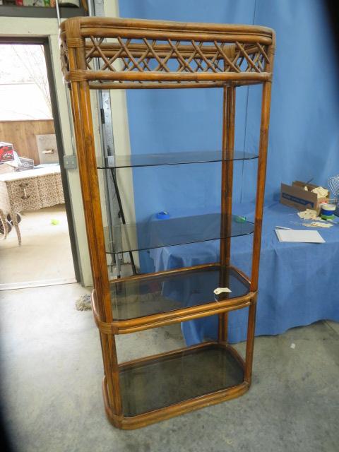 BAMBOO/RATTAN SHELF W/ GLASS SHELVES  76" T