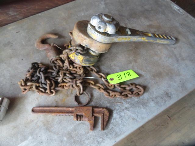 TAG IT HOIST WITH CHAIN AND OLD 9" WRENCH