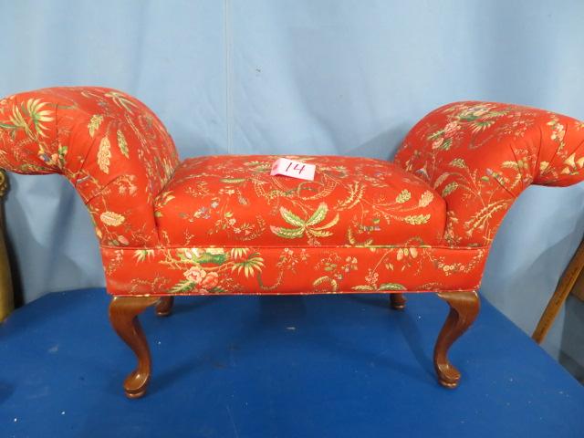 QUEEN ANNE DRESSING BENCH W/ ROLL OVER ARMS IN ASIAN FABRIC  42" L