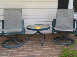3 PC. METAL PORCH SET- 2 SWIVEL CHAIRS AND SMALL TABLE
