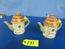 2 BIRD HOUSE TEAPOTS  6" T