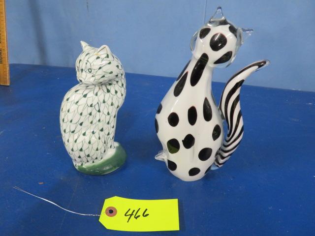 CAT FIGURINES - 1 PORCELAIN 1- GLASS