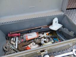 BROKEN TOOL BOX W/ HAND TOOLS, WRENCHES, PLIERS AND MORE