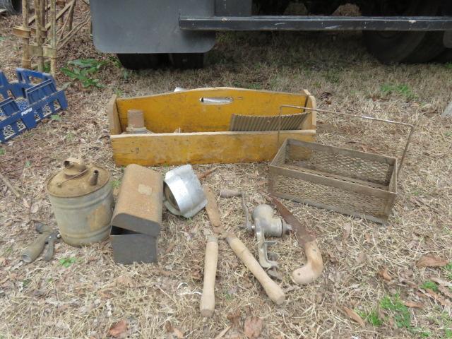 VINTAGE HAND MADE 32" TOOL BOX, FEW HAND TOOLS AND FUEL CAN