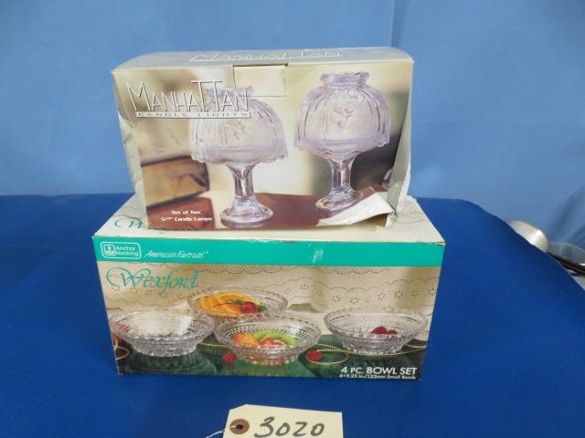 ANCHOR HOCKING CLEAR DISHES AND MANHATTAN CANDLE HOLDERS