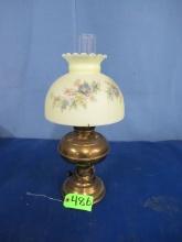 VINTAGE BRASS LAMP W/ HAND PAINTED SHADE