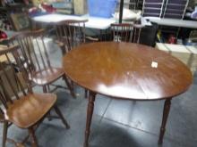 ROUND TABLE W/ 4 WINDSOR CHAIRS- ONE IS CAPTAIN